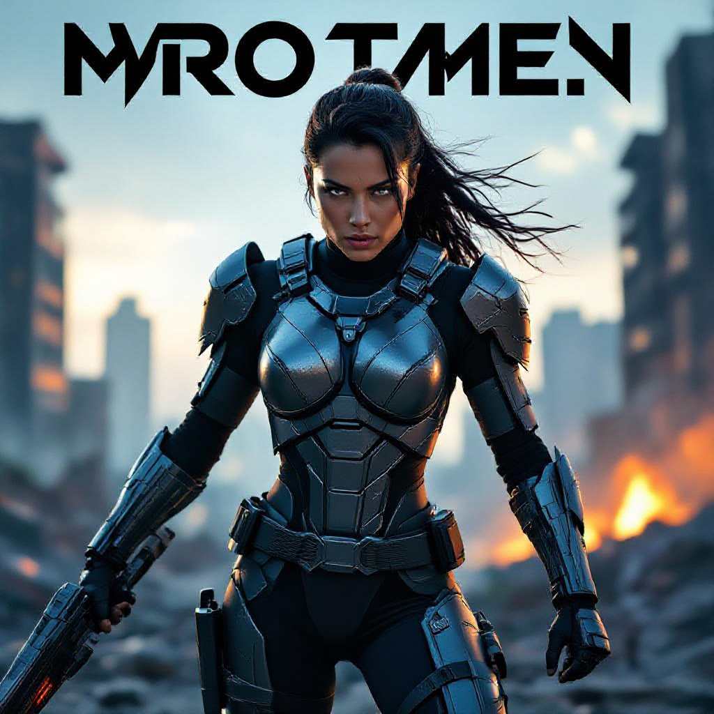 realistic photograph, powerful female warrior in sleek futuristic combat armor, low-angle perspective, dramatic chiaroscuro lighting with strong rim light, cinematic color grading (cool blues and warm oranges), dynamic pose with weapon drawn, war-torn cityscape background, shallow depth of field, high detail skin texture and metal reflections, bold typographic space at top for title, poster layout with bleed margins, 300 DPI, CMYK color profile, cinematic composition, dramatic mood, epic action poster vibe.
