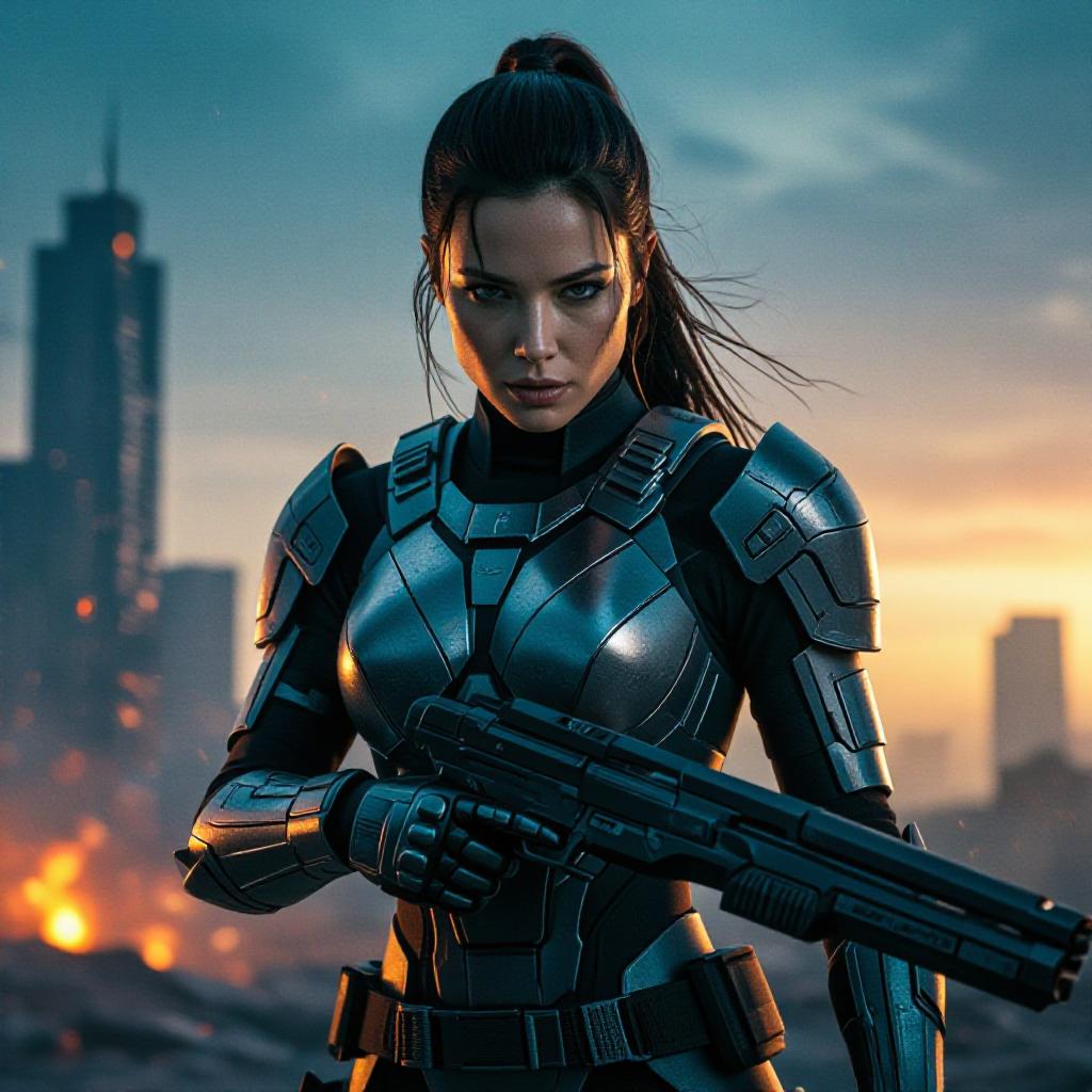 realistic photograph, powerful female warrior in sleek futuristic combat armor, low-angle perspective, dramatic chiaroscuro lighting with strong rim light, cinematic color grading (cool blues and warm oranges), dynamic pose with weapon drawn, war-torn cityscape background, shallow depth of field, high detail skin texture and metal reflections, bold typographic space at top for title, poster layout with bleed margins, 300 DPI, CMYK color profile, cinematic composition, dramatic mood, epic action poster vibe.