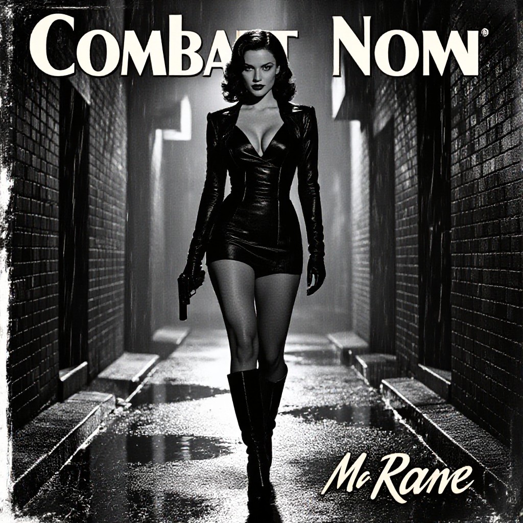 Full‑body low‑angle view of a seductive combat woman standing in a rain‑slick alley, black‑film noir aesthetic with deep shadows and dramatic rim lighting, high‑contrast chiaroscuro, vintage 1940s crime poster vibe, gritty urban backdrop, bold serif title at top and stylized script tagline at bottom, cinematic anamorphic composition, grainy texture, IMAX‑grade poster quality, 300 dpi, CMYK, with bleed margins.