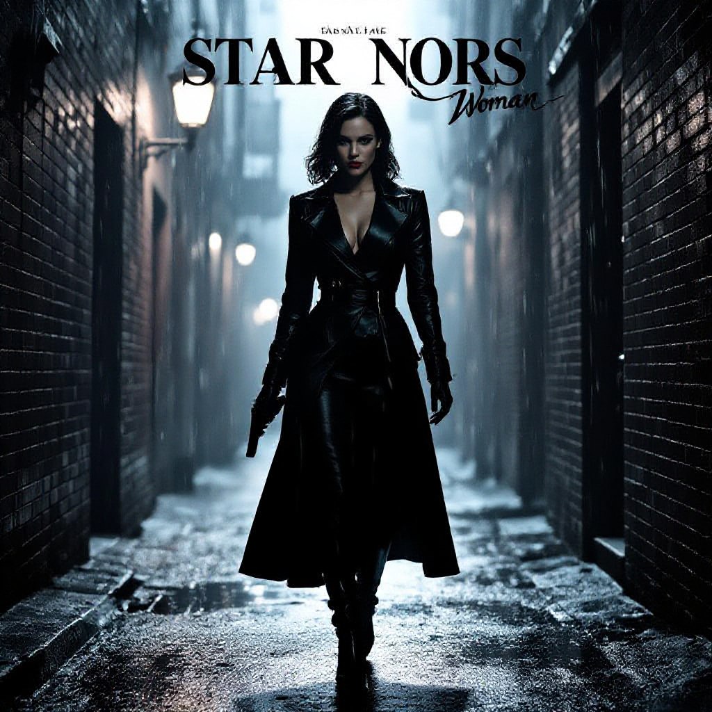 Full‑body low‑angle view of a seductive combat woman standing in a rain‑slick alley, black‑film noir aesthetic with deep shadows and dramatic rim lighting, high‑contrast chiaroscuro, vintage 1940s crime poster vibe, gritty urban backdrop, bold serif title at top and stylized script tagline at bottom, cinematic anamorphic composition, grainy texture, IMAX‑grade poster quality, 300 dpi, CMYK, with bleed margins.