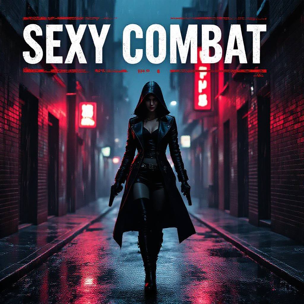 Sexy combat heroine, noir film style poster, rain‑slick city alley at night, dramatic chiaroscuro lighting with stark black shadows and crimson neon highlights, anamorphic widescreen composition, high‑contrast cinematic color grading, bold vintage serif title across the top, gritty hand‑drawn tagline below, subtle grain texture, IMAX‑level detail, print‑ready 300 DPI, CMYK, 0.125‑inch bleed, typography hierarchy optimized for distance viewing.