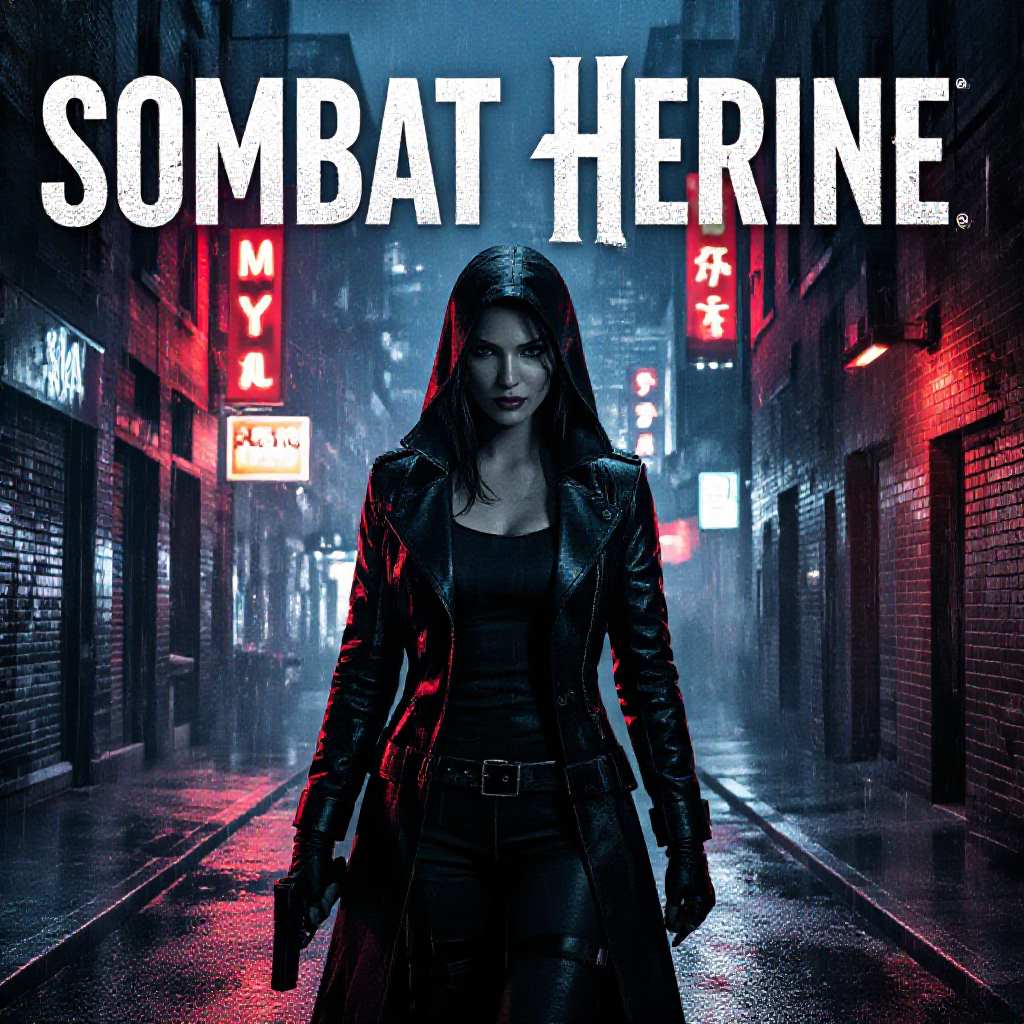 Sexy combat heroine, noir film style poster, rain‑slick city alley at night, dramatic chiaroscuro lighting with stark black shadows and crimson neon highlights, anamorphic widescreen composition, high‑contrast cinematic color grading, bold vintage serif title across the top, gritty hand‑drawn tagline below, subtle grain texture, IMAX‑level detail, print‑ready 300 DPI, CMYK, 0.125‑inch bleed, typography hierarchy optimized for distance viewing.