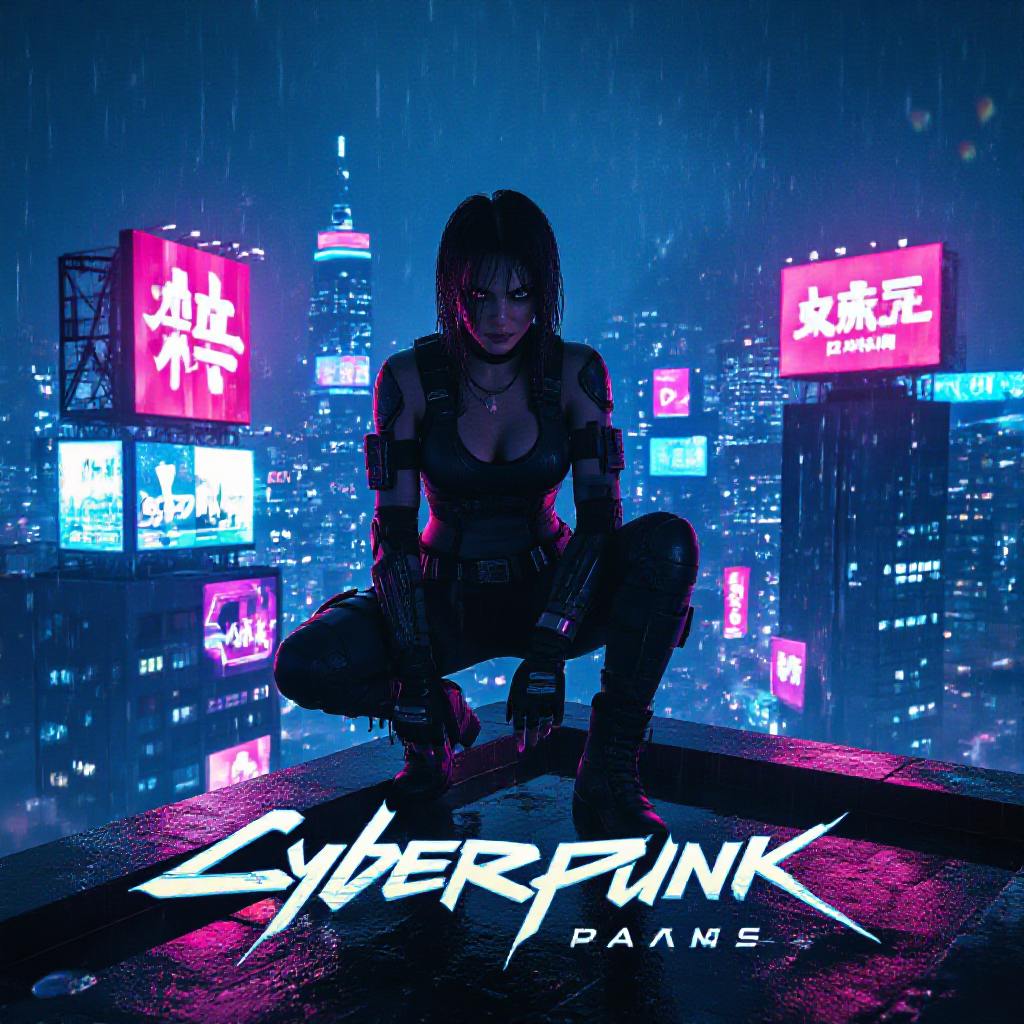 Full‑body high‑angle view of a cyber‑enhanced female mercenary perched on a rain‑slick neon‑lit rooftop, cyberpunk aesthetic with pulsating holographic billboards, electric blue and magenta glows, deep shadows and dramatic rim lighting, high‑contrast chiaroscuro, retro‑futuristic 80s synthwave poster vibe, gritty megacity skyline backdrop, bold geometric sans‑serif title across the top and stylized glitch‑style script tagline at the bottom, cinematic anamorphic composition, subtle grainy texture, IMAX‑grade poster quality, 300 dpi, CMYK, with bleed margins.