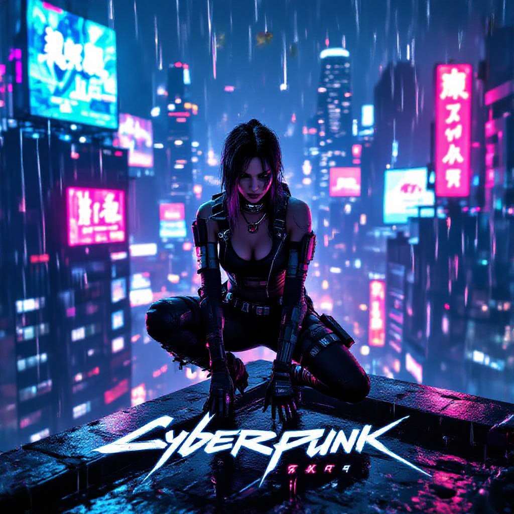 Full‑body high‑angle view of a cyber‑enhanced female mercenary perched on a rain‑slick neon‑lit rooftop, cyberpunk aesthetic with pulsating holographic billboards, electric blue and magenta glows, deep shadows and dramatic rim lighting, high‑contrast chiaroscuro, retro‑futuristic 80s synthwave poster vibe, gritty megacity skyline backdrop, bold geometric sans‑serif title across the top and stylized glitch‑style script tagline at the bottom, cinematic anamorphic composition, subtle grainy texture, IMAX‑grade poster quality, 300 dpi, CMYK, with bleed margins.