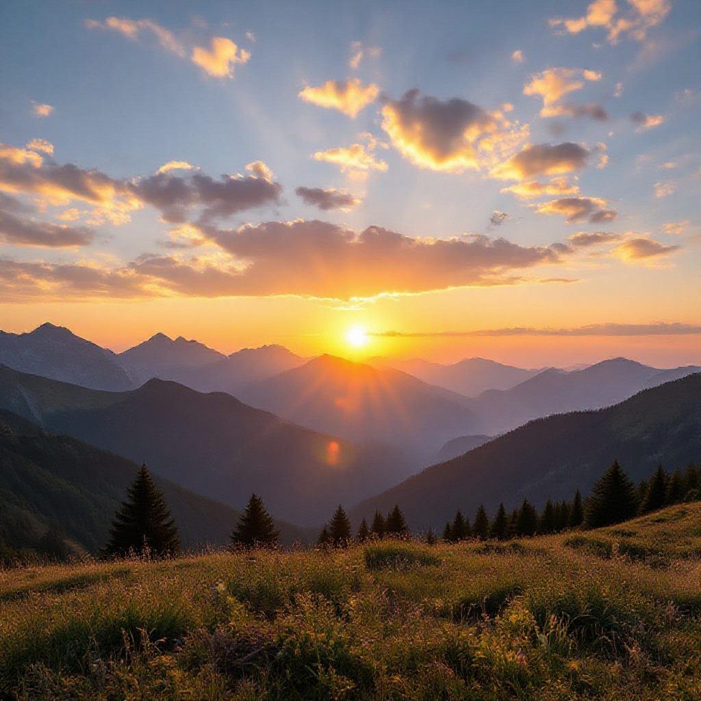 A beautiful sunset over mountains with golden clouds