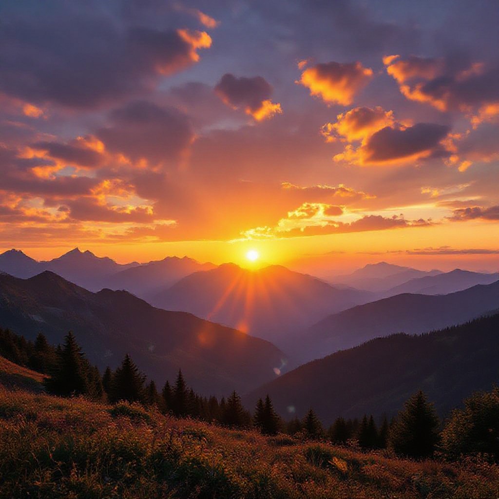 A beautiful sunset over mountains with golden clouds