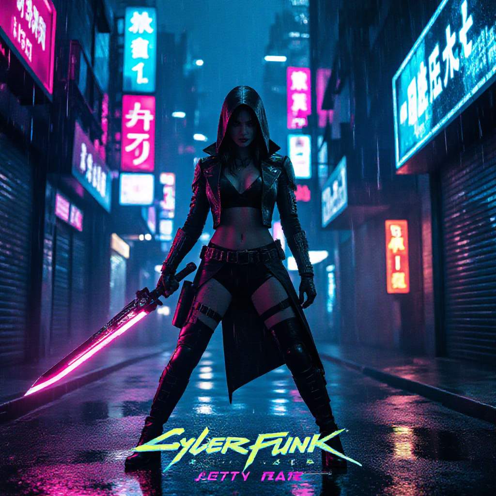 Full‑body high‑angle view of a cyber‑enhanced femme fatale wielding a plasma blade, standing in a neon‑lit, rain‑slick alley of a futuristic megacity, cyberpunk aesthetic with glowing holographic billboards, vapor and chrome reflections, deep shadows contrasted by vibrant magenta‑blue rim lighting, high‑contrast chiaroscuro, gritty dystopian backdrop, bold futuristic sans‑serif title at top and stylized glitch‑style tagline at bottom, cinematic anamorphic composition, grainy film texture, IMAX‑grade poster quality, 300 dpi, CMYK, with bleed margins