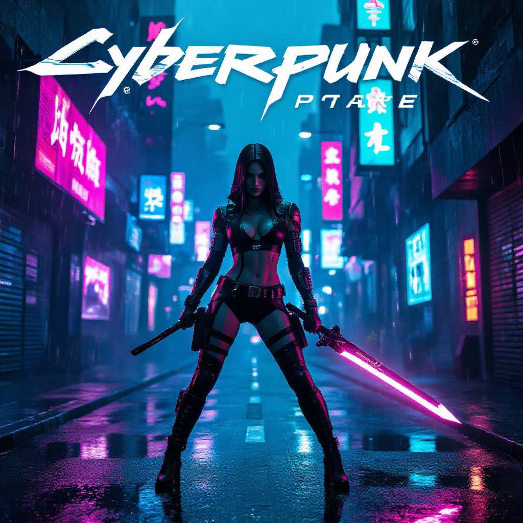 Full‑body high‑angle view of a cyber‑enhanced femme fatale wielding a plasma blade, standing in a neon‑lit, rain‑slick alley of a futuristic megacity, cyberpunk aesthetic with glowing holographic billboards, vapor and chrome reflections, deep shadows contrasted by vibrant magenta‑blue rim lighting, high‑contrast chiaroscuro, gritty dystopian backdrop, bold futuristic sans‑serif title at top and stylized glitch‑style tagline at bottom, cinematic anamorphic composition, grainy film texture, IMAX‑grade poster quality, 300 dpi, CMYK, with bleed margins