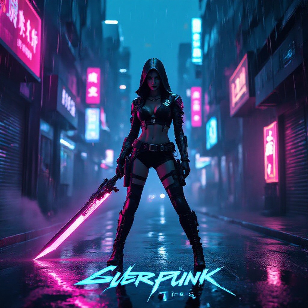 Full‑body high‑angle view of a cyber‑enhanced femme fatale wielding a plasma blade, standing in a neon‑lit, rain‑slick alley of a futuristic megacity, cyberpunk aesthetic with glowing holographic billboards, vapor and chrome reflections, deep shadows contrasted by vibrant magenta‑blue rim lighting, high‑contrast chiaroscuro, gritty dystopian backdrop, bold futuristic sans‑serif title at top and stylized glitch‑style tagline at bottom, cinematic anamorphic composition, grainy film texture, IMAX‑grade poster quality, 300 dpi, CMYK, with bleed margins