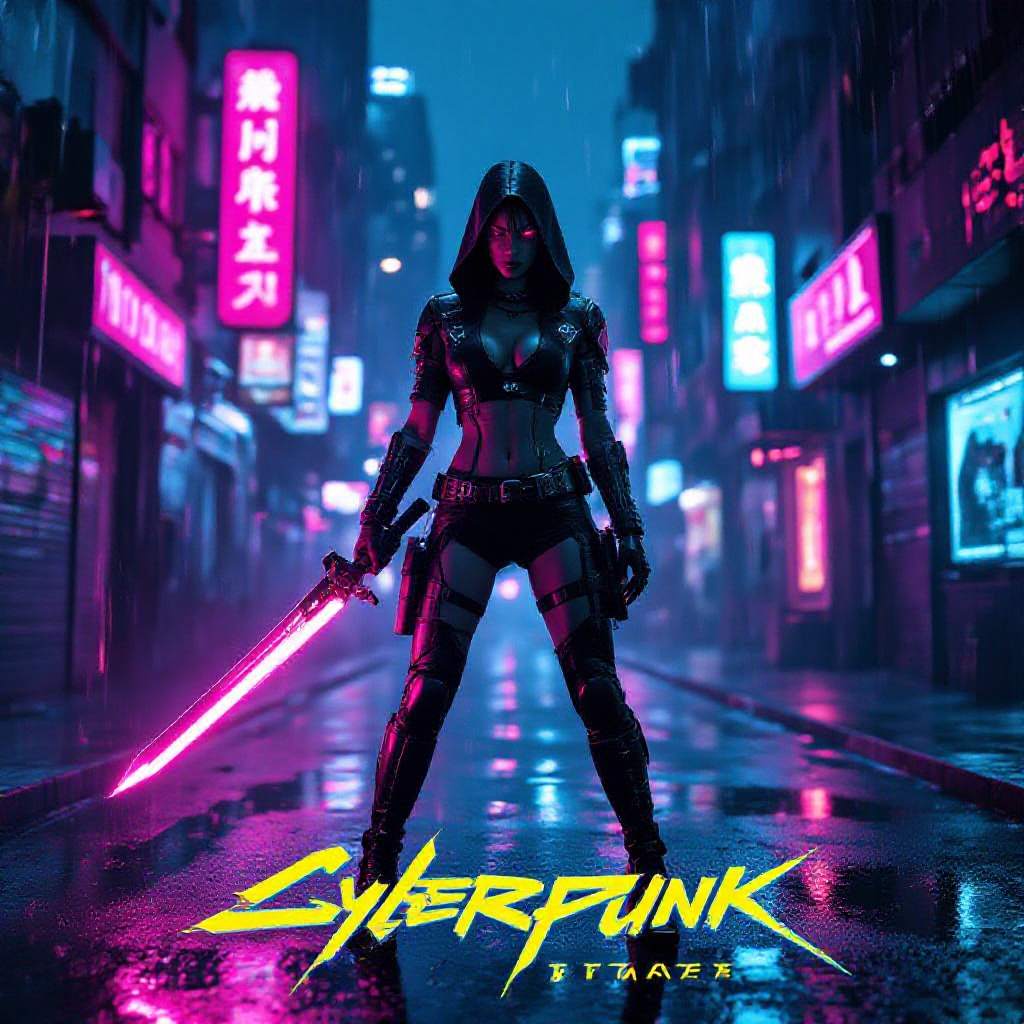 Full‑body high‑angle view of a cyber‑enhanced femme fatale wielding a plasma blade, standing in a neon‑lit, rain‑slick alley of a futuristic megacity, cyberpunk aesthetic with glowing holographic billboards, vapor and chrome reflections, deep shadows contrasted by vibrant magenta‑blue rim lighting, high‑contrast chiaroscuro, gritty dystopian backdrop, bold futuristic sans‑serif title at top and stylized glitch‑style tagline at bottom, cinematic anamorphic composition, grainy film texture, IMAX‑grade poster quality, 300 dpi, CMYK, with bleed margins