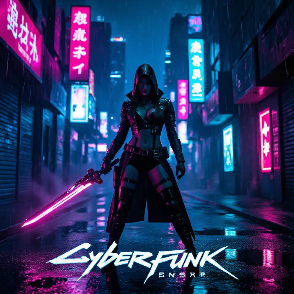 Full‑body high‑angle view of a cyber‑enhanced femme fatale wielding a plasma blade, standing in a neon‑lit, rain‑slick alley of a futuristic megacity, cyberpunk aesthetic with glowing holographic billboards, vapor and chrome reflections, deep shadows contrasted by vibrant magenta‑blue rim lighting, high‑contrast chiaroscuro, gritty dystopian backdrop, bold futuristic sans‑serif title at top and stylized glitch‑style tagline at bottom, cinematic anamorphic composition, grainy film texture, IMAX‑grade poster quality, 300 dpi, CMYK, with bleed margins