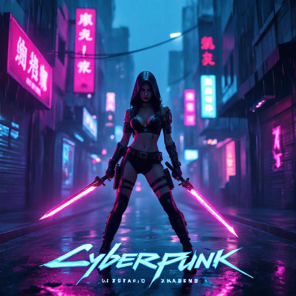 Full‑body high‑angle view of a cyber‑enhanced femme fatale wielding a plasma blade, standing in a neon‑lit, rain‑slick alley of a futuristic megacity, cyberpunk aesthetic with glowing holographic billboards, vapor and chrome reflections, deep shadows contrasted by vibrant magenta‑blue rim lighting, high‑contrast chiaroscuro, gritty dystopian backdrop, bold futuristic sans‑serif title at top and stylized glitch‑style tagline at bottom, cinematic anamorphic composition, grainy film texture, IMAX‑grade poster quality, 300 dpi, CMYK, with bleed margins