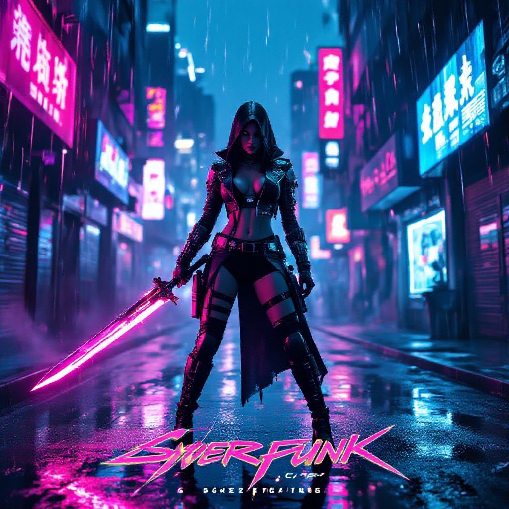 Full‑body high‑angle view of a cyber‑enhanced femme fatale wielding a plasma blade, standing in a neon‑lit, rain‑slick alley of a futuristic megacity, cyberpunk aesthetic with glowing holographic billboards, vapor and chrome reflections, deep shadows contrasted by vibrant magenta‑blue rim lighting, high‑contrast chiaroscuro, gritty dystopian backdrop, bold futuristic sans‑serif title at top and stylized glitch‑style tagline at bottom, cinematic anamorphic composition, grainy film texture, IMAX‑grade poster quality, 300 dpi, CMYK, with bleed margins