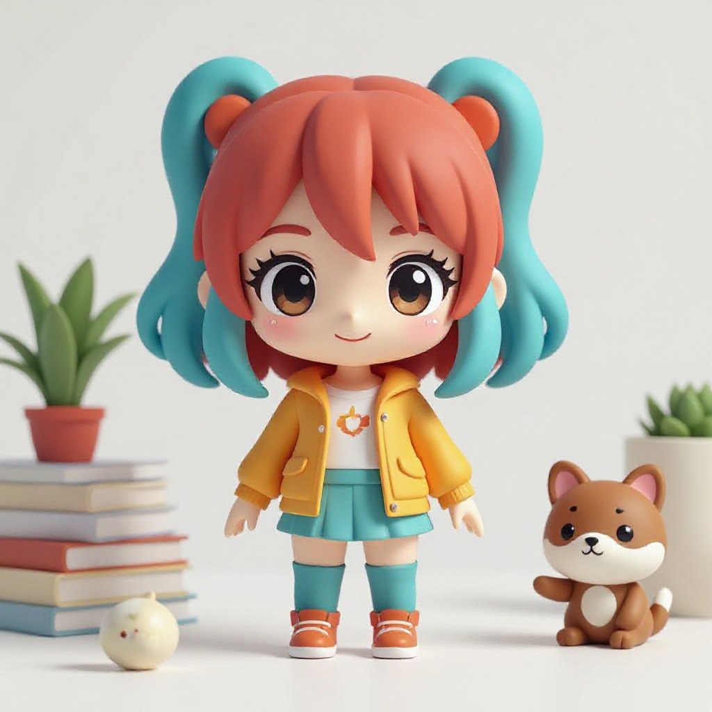 Chibi-style 3D vinyl toy of [subject], rendered in [color1] and [color2] tones, front-facing on a white background. Minimalist composition with soft shadows, oversized head and tiny body proportions, clean OC renderer output in Cinema 4D. Toy-like shine and playful charm