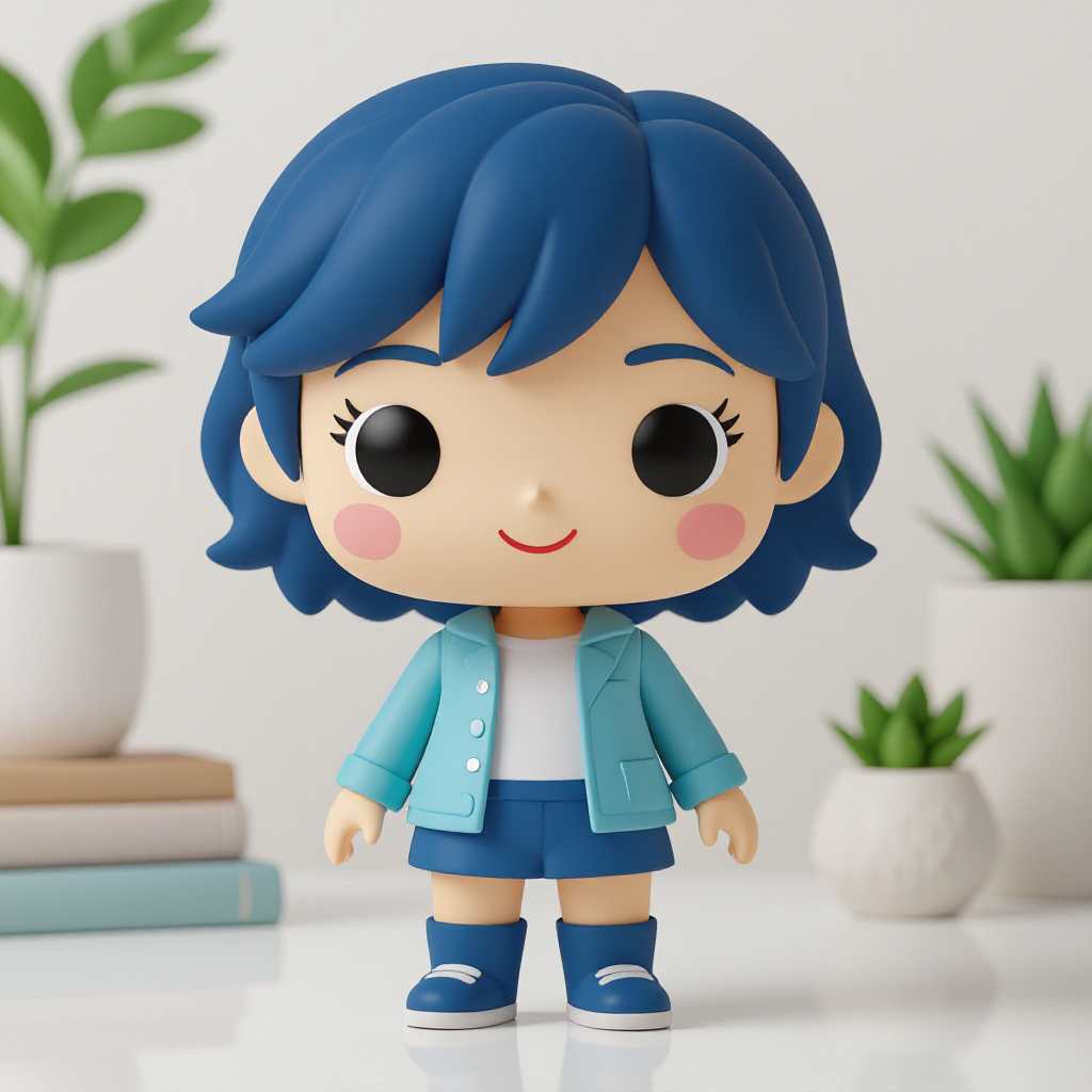 Chibi-style 3D vinyl toy of [subject], rendered in [color1] and [color2] tones, front-facing on a white background. Minimalist composition with soft shadows, oversized head and tiny body proportions, clean OC renderer output in Cinema 4D. Toy-like shine and playful charm