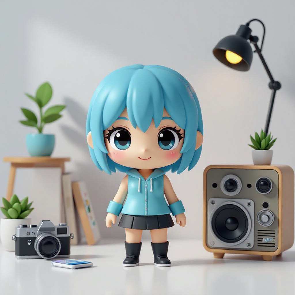 Chibi-style 3D vinyl toy of [subject], rendered in [color1] and [color2] tones, front-facing on a white background. Minimalist composition with soft shadows, oversized head and tiny body proportions, clean OC renderer output in Cinema 4D. Toy-like shine and playful charm