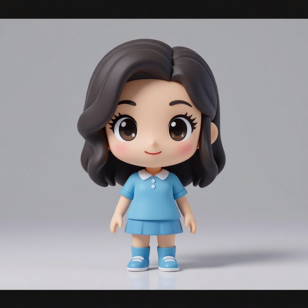 Chibi-style 3D vinyl toy of [subject], rendered in [color1] and [color2] tones, front-facing on a white background. Minimalist composition with soft shadows, oversized head and tiny body proportions, clean OC renderer output in Cinema 4D. Toy-like shine and playful charm