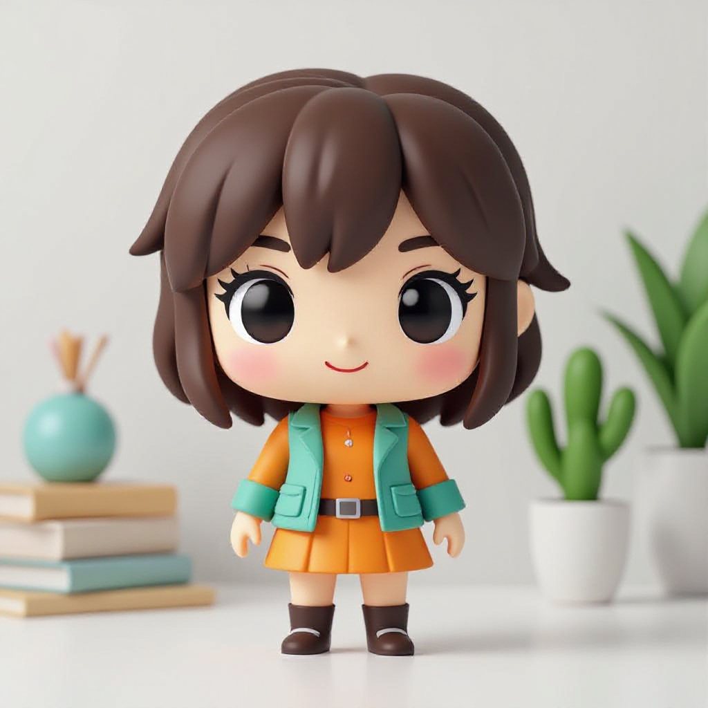 Chibi-style 3D vinyl toy of [subject], rendered in [color1] and [color2] tones, front-facing on a white background. Minimalist composition with soft shadows, oversized head and tiny body proportions, clean OC renderer output in Cinema 4D. Toy-like shine and playful charm