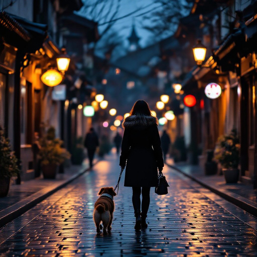 超写实风格,傍晚,夕阳西下,在昏暗的路灯下一名身着大衣的女人牵着一只狗在铺满碎石块的小巷中缓慢穿行,镜头从她的背影拉远展示小镇的夜景。