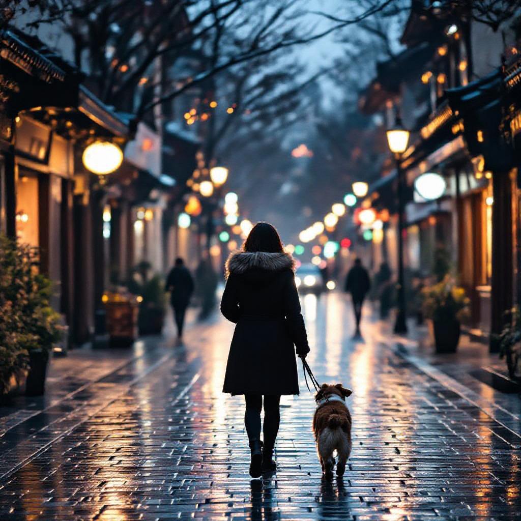 超写实风格,傍晚,夕阳西下,在昏暗的路灯下一名身着大衣的女人牵着一只狗在铺满碎石块的小巷中缓慢穿行,镜头从她的背影拉远展示小镇的夜景。