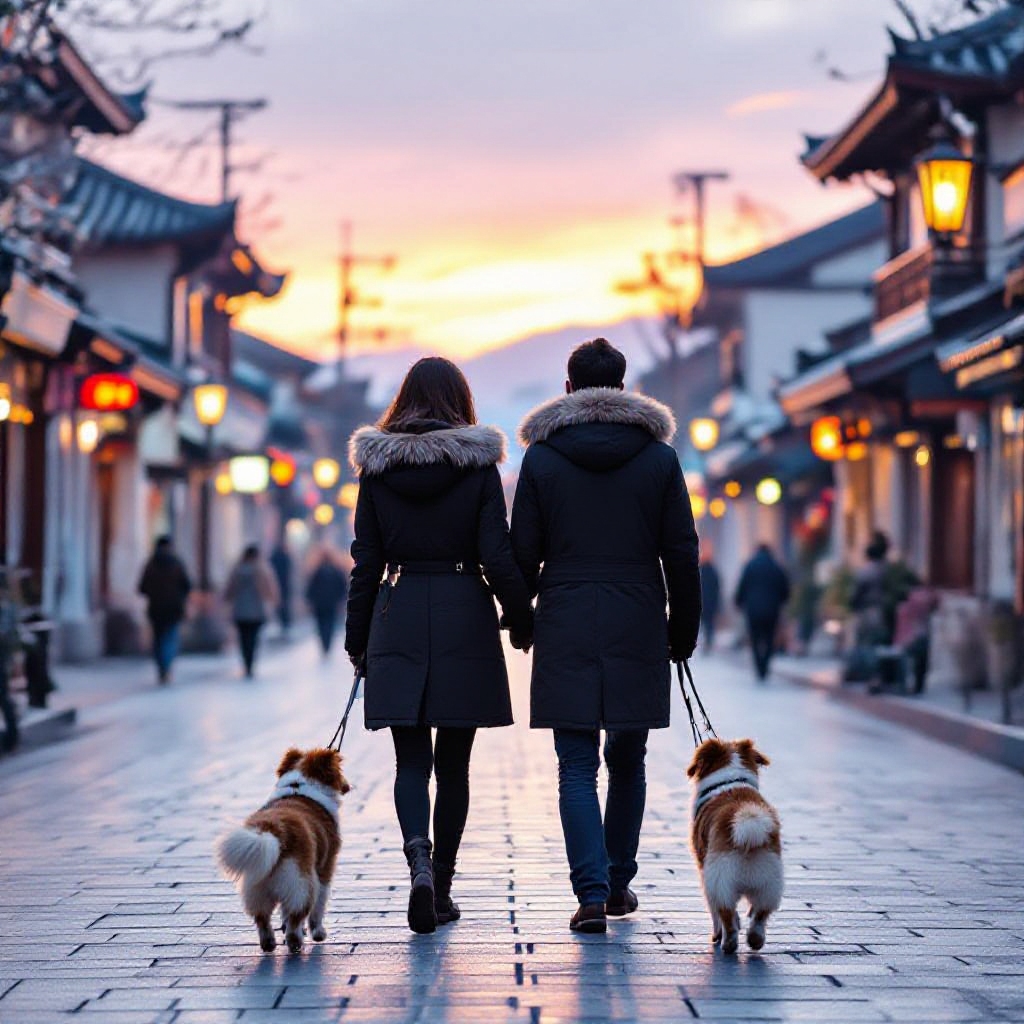 超写实风格,傍晚,夕阳西下,在昏暗的路灯下一名身着大衣的女人牵着一只狗在铺满碎石块的小巷中缓慢穿行,镜头从她的背影拉远展示小镇的夜景。