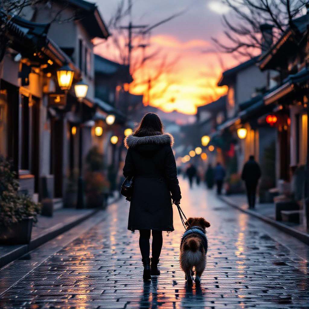 超写实风格,傍晚,夕阳西下,在昏暗的路灯下一名身着大衣的女人牵着一只狗在铺满碎石块的小巷中缓慢穿行,镜头从她的背影拉远展示小镇的夜景。