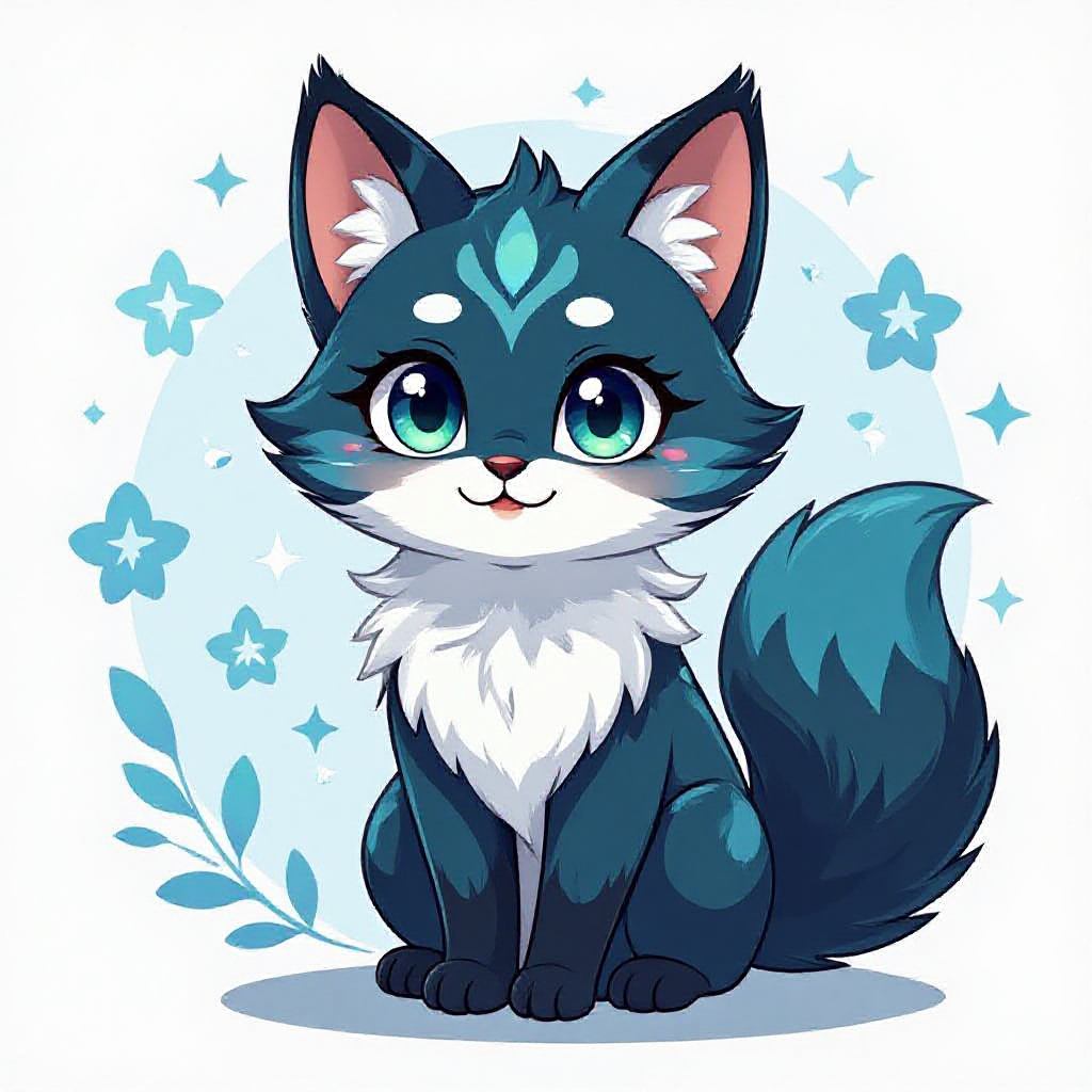 神兽有妖狐,猫和狐的结合体,小时候,Q版,狐头猫身,毛绒绒的,可爱的小牙,青色的大眼睛,灵动有神,头上长有华丽的青墨色尾巴,猫耳,毛发修长飘逸,部分肢体延伸出类似能量枝条的结构,极具幻想感。毛发颜色以青色为主,淡绿色和深蓝色为辅。尾巴毛发蓬松飘逸。身体关键部位饰有青色能量战甲。身体周围散发着像水花一般的青色的能量,飘动着大面积粒子能量。超现实主义风格,中式美学,大面积能量飘动,灵动,优雅,可爱,逼真,真实摄影,山海经风格,水墨风,3d建模,cg风格,虚幻引擎渲染,极致细节,超清。变成凤凰