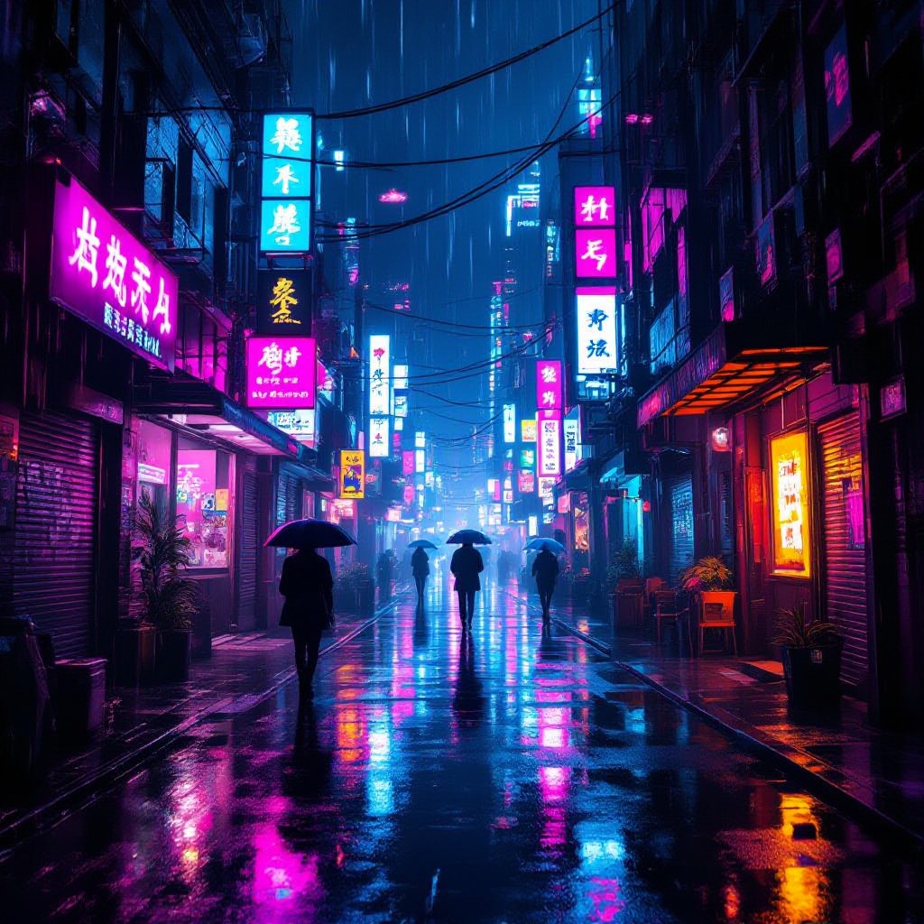 a neon-drenched cyberpunk alley, cinematic lighting, rainy reflections