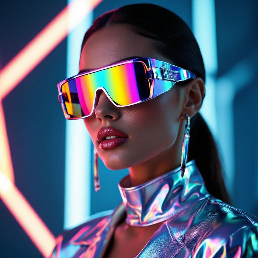 futuristic fashion portrait, holographic accessories, high contrast lighting
