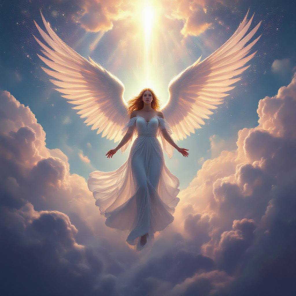 A celestial angel descending from the heavens, surrounded by ethereal light and radiant clouds, in the Flux style, showcasing intricate details and vibrant colors, evoking a sense of awe and divine presence.