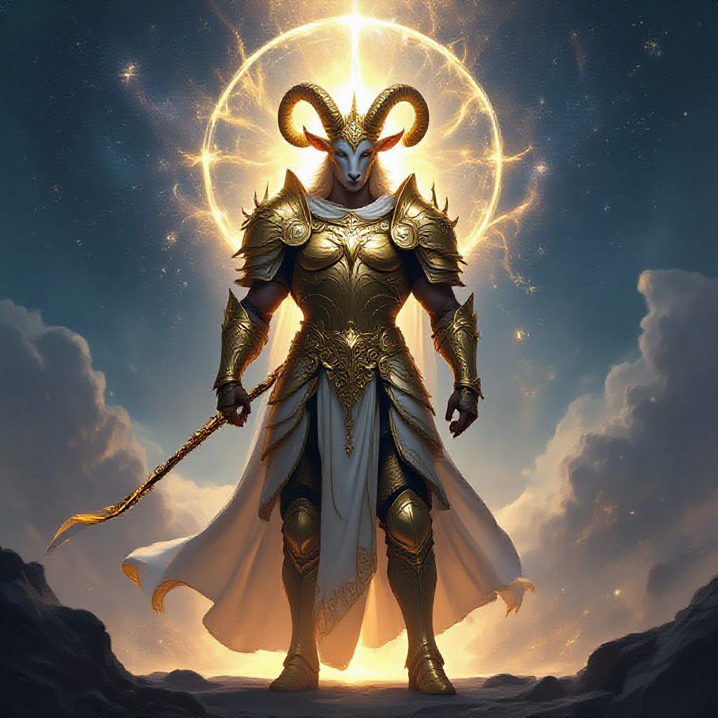 A majestic Taurus Saint in elaborate golden armor, standing confidently amidst a celestial backdrop, glowing with an ethereal light. The scene is infused with Flux style, emphasizing dynamic energy and intricate detail, capturing the essence of strength and mythic grandeur.
