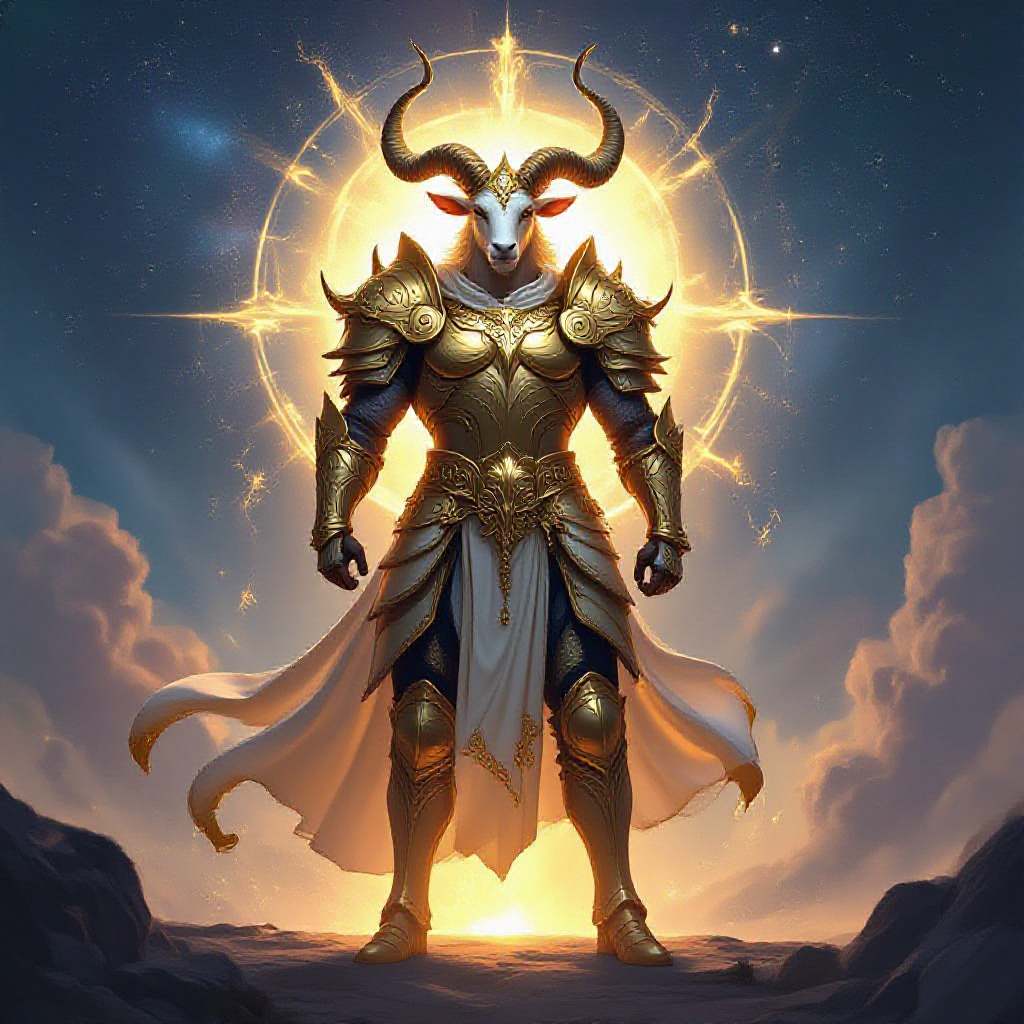 A majestic Taurus Saint in elaborate golden armor, standing confidently amidst a celestial backdrop, glowing with an ethereal light. The scene is infused with Flux style, emphasizing dynamic energy and intricate detail, capturing the essence of strength and mythic grandeur.