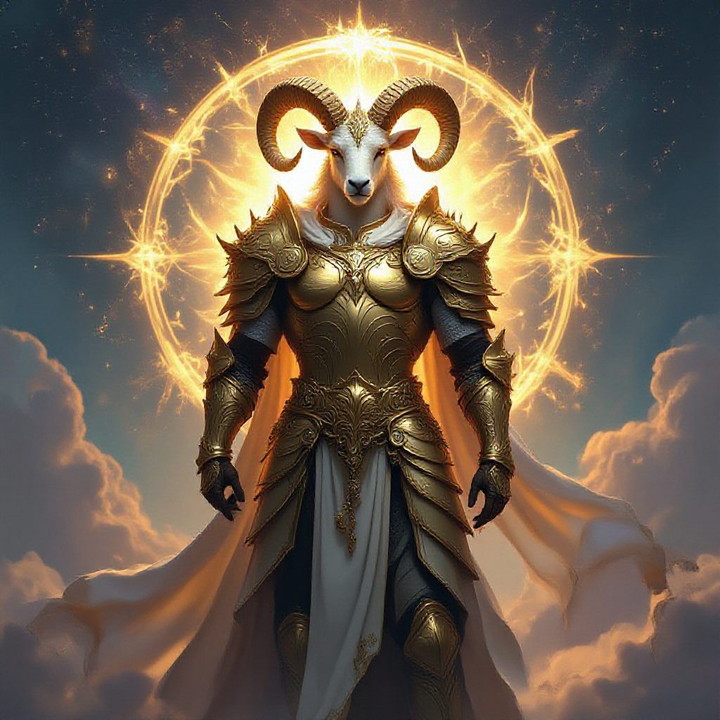 A majestic Taurus Saint in elaborate golden armor, standing confidently amidst a celestial backdrop, glowing with an ethereal light. The scene is infused with Flux style, emphasizing dynamic energy and intricate detail, capturing the essence of strength and mythic grandeur.