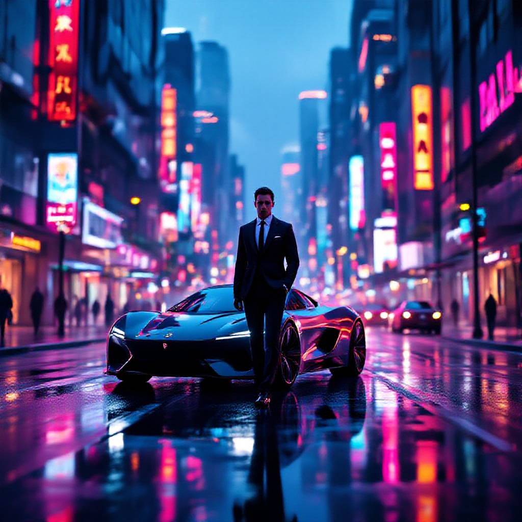 A futuristic cityscape at dusk, vibrant neon lights reflecting on wet streets, a lone figure in a sleek suit stands confidently, dynamic composition with a cinematic flair, soft focus background, Flux style with intricate details and vibrant color palette.