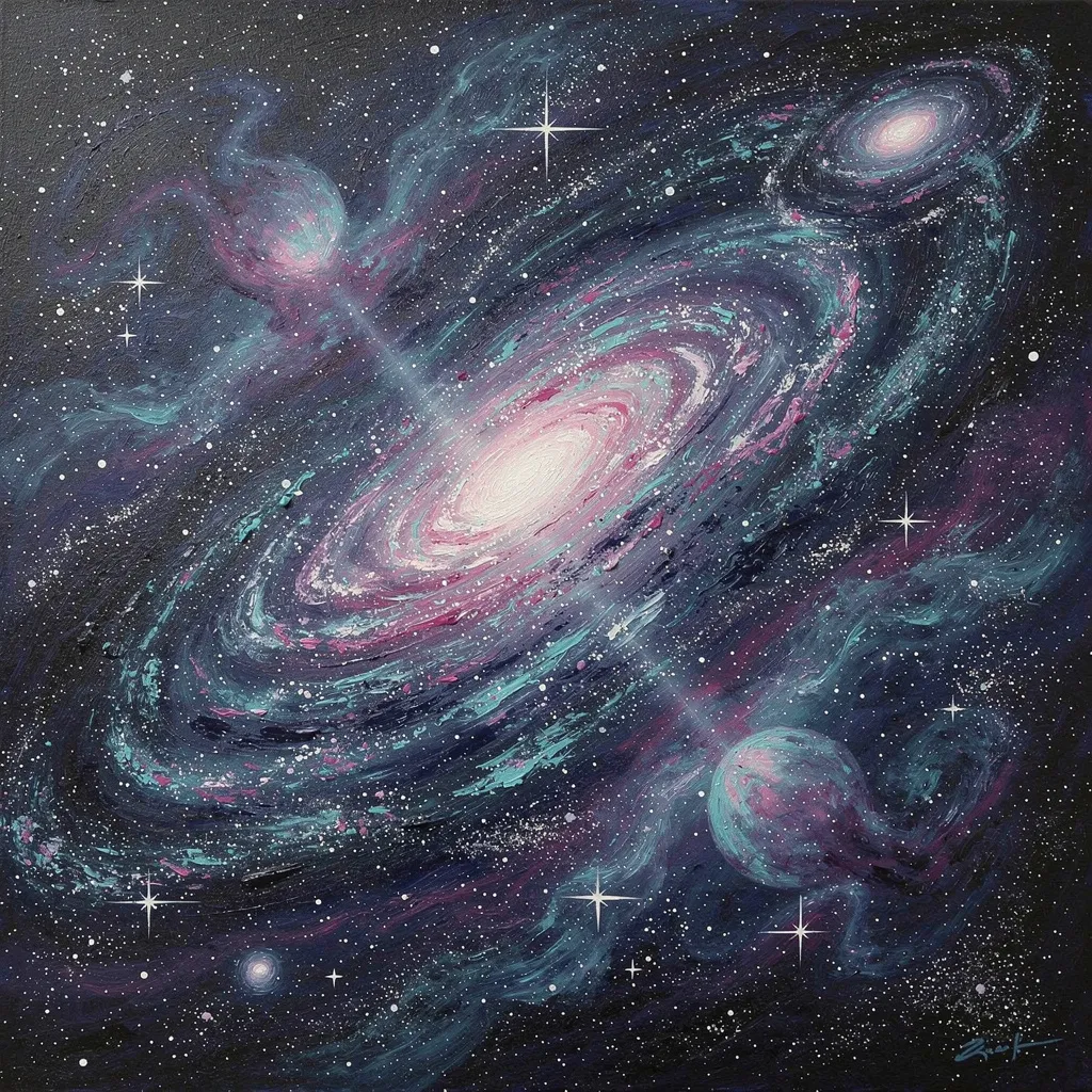 A vibrant night sky filled with swirling galaxies and shimmering stars, painted in a Flux style with vivid colors and dynamic brushstrokes, a sense of wonder and cosmic beauty, ethereal glow and intricate details, capturing the infinite expanse of the universe.