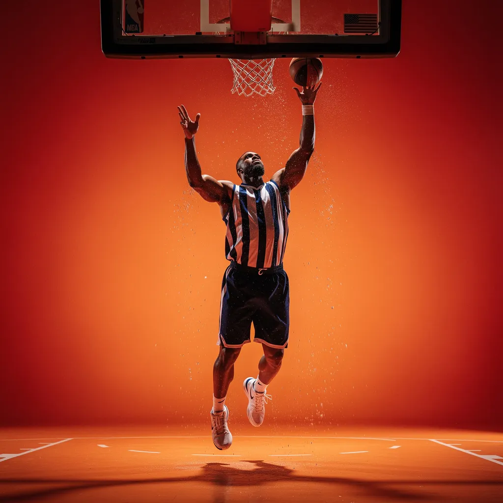 Athletic basketball player shooting above the rim, captured from low angle overhead perspective, muscular male athlete in navy and white striped jersey reaching upward with basketball, dynamic action shot with water droplets suspended in air, bright orange to deep red gradient background, professional sports photography, studio lighting with dramatic shadows on floor, vibrant saturated colors, sharp focus on player and ball, 50mm lens shallow depth of field, energetic composition emphasizing upward motion and athleticism, clean modern aesthetic with high contrast, motivational sports imagery style, GenImg AI professional quality.