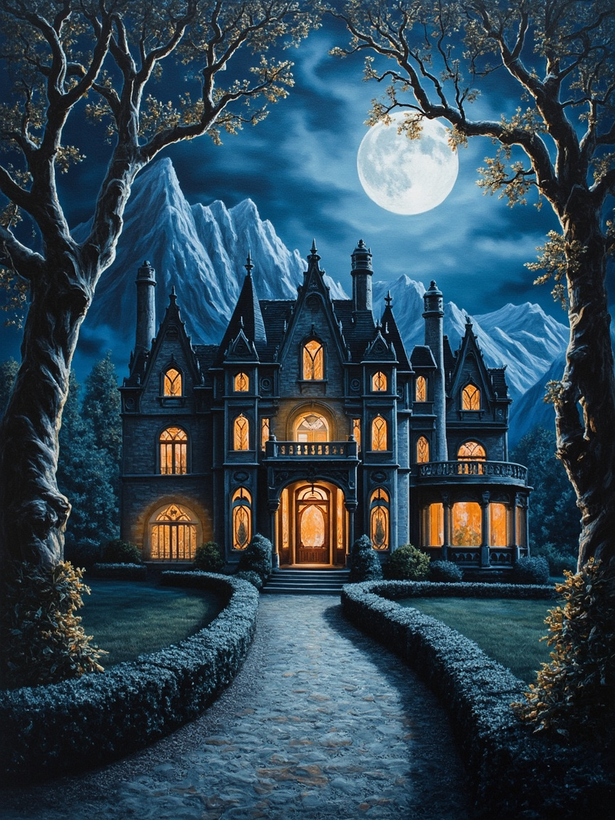 An oil painting depicting a magnificent mansion with numerous towers and dormer windows, featuring a bright full moon and mountainous terrain in the background, a path leading to the entrance of the house, and trees adorning the landscape, showcasing a color palette dominated by blues, oranges, and grays at different saturation