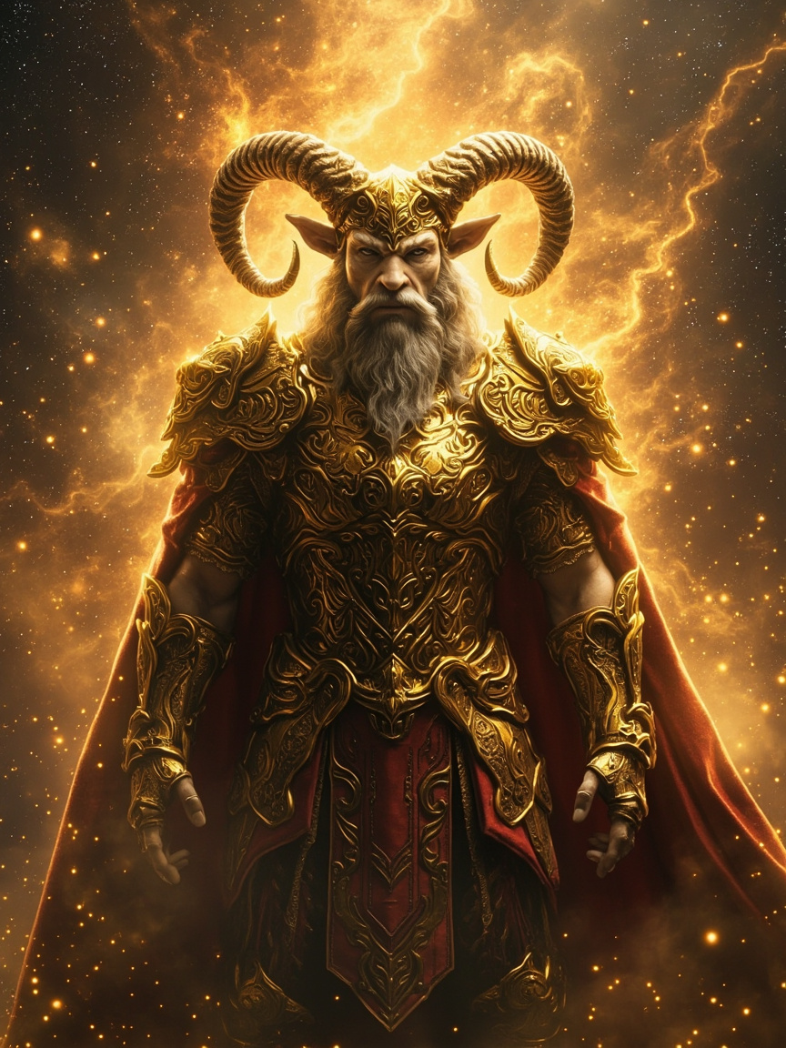 A majestic Taurus Saint in elaborate golden armor, standing confidently amidst a celestial backdrop, glowing with an ethereal light. The scene is infused with Flux style, emphasizing dynamic energy and intricate detail, capturing the essence of strength and mythic grandeur.