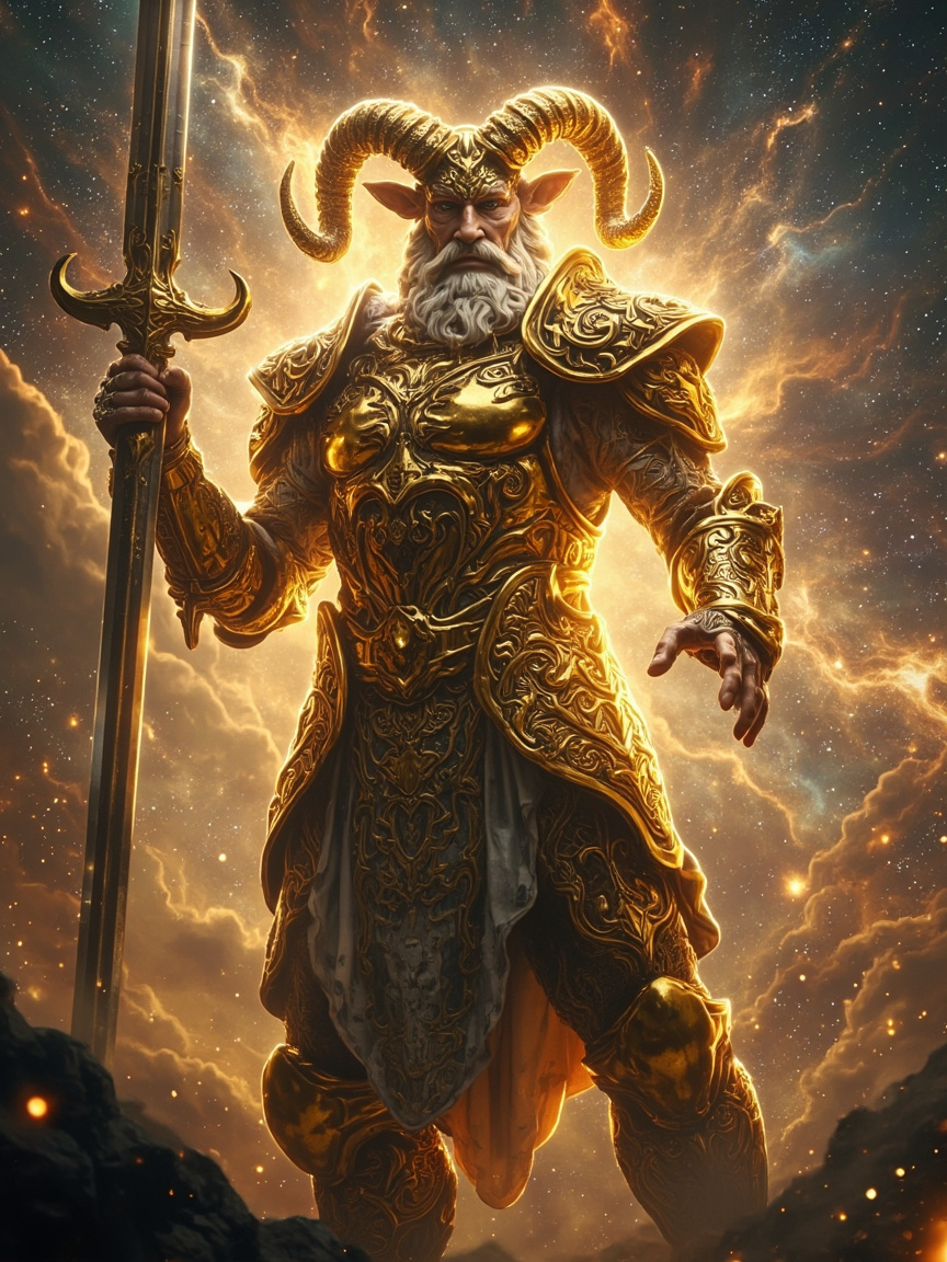 A majestic Taurus Saint in elaborate golden armor, standing confidently amidst a celestial backdrop, glowing with an ethereal light. The scene is infused with Flux style, emphasizing dynamic energy and intricate detail, capturing the essence of strength and mythic grandeur.