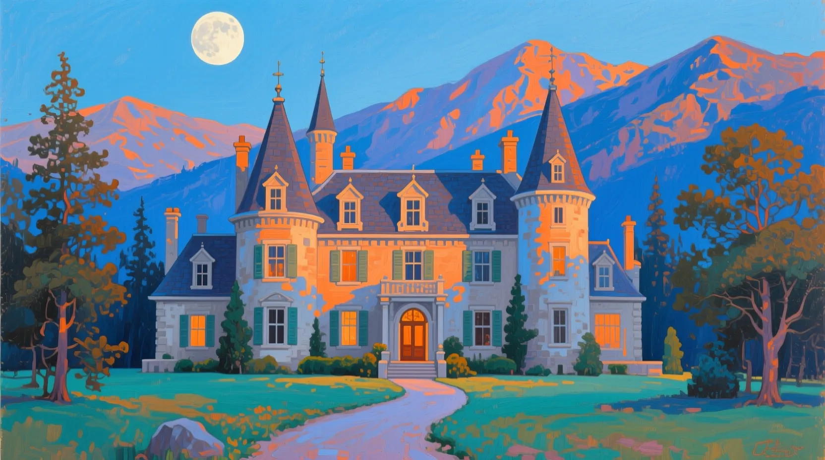 An oil painting depicting a magnificent mansion with numerous towers and dormer windows, featuring a bright full moon and mountainous terrain in the background, a path leading to the entrance of the house, and trees adorning the landscape, showcasing a color palette dominated by blues, oranges, and grays at different saturation