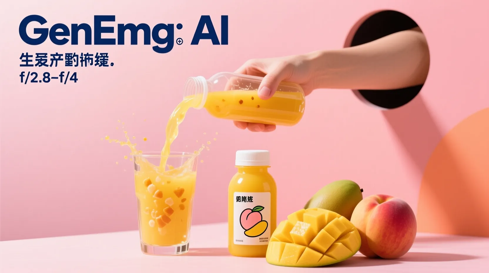现代商业产品摄影风格，GenImg AI 审美：粉色渐变背景与暖橙色色块构成简洁海报画面，左上角保留大面积留白用于深蓝色粗体中文标题与促销信息；构图以对角动势为主，右上有一个圆形开孔，一只手臂从孔中伸出，手持透明塑料果汁瓶，瓶中金黄色果汁带有明显果肉颗粒正倾倒入左下的高玻璃杯，倾倒瞬间果汁流动感与飞溅细节清晰可见。前景偏右放置一只小号黄色塑料芒果汁瓶，标签为极简插画风格的桃子与芒果图案与黑色小字说明，旁边摆放切块菱形切割的鲜嫩芒果与饱满水润的整桃，果皮纹理、果肉多汁质感强烈。光效为高调柔和主光+轻微侧逆光，突出果汁的通透感与瓶身玻璃与塑料的光泽反射，生成细腻的阴影与柔和高光；质感细节包括液体果肉颗粒、瓶盖塑料光泽、玻璃杯折射、果皮微小绒毛。镜头为中焦视角（50–85mm 相当），轻微俯视三分之二角度，浅景深（f/2.8–f/4），主体清晰对焦，背景柔和虚化。整体氛围鲜活、清新、现代，色调统一于粉橙暖色系，兼具广告海报排版感与真实摄影质感，超高清、细节丰富、商业级产品展示。