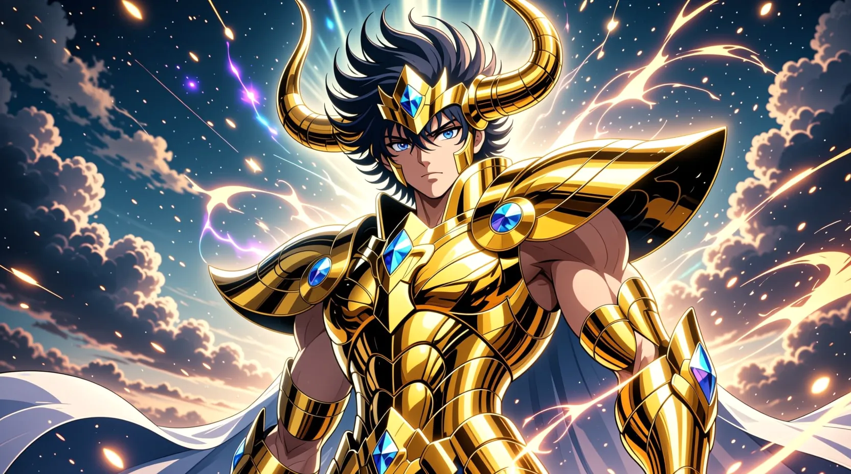 A powerful Saint Seiya Taurus, clad in gleaming golden armor, stands heroically under a dramatic sky. The Flux style emphasizes dynamic energy, with swirling cosmic elements surrounding him, casting vibrant reflections. His determined gaze and muscular build are highlighted by the ethereal lighting, creating an epic and mythical atmosphere.