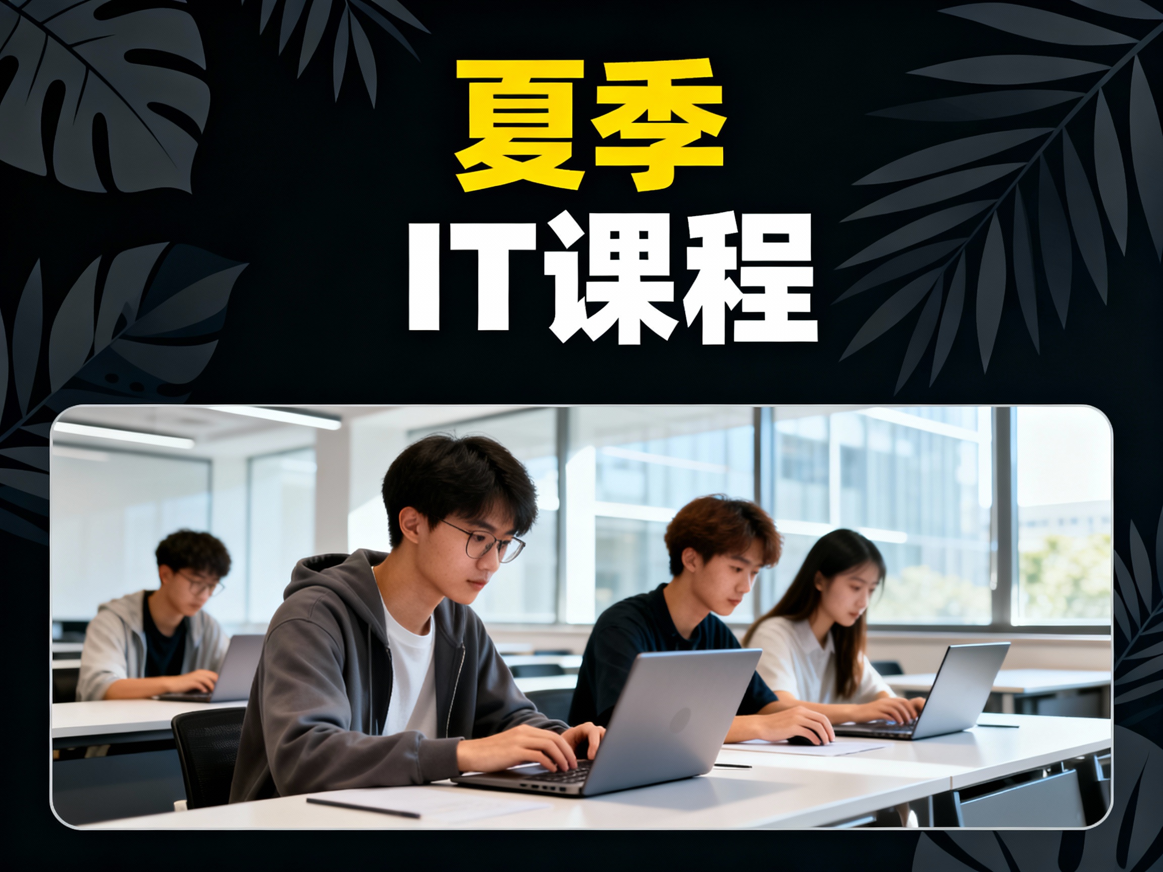 夏季IT课程宣传海报，背景为深色带有抽象叶子图案，醒目的黄色和白色字体展示课程信息。下方是一张教室场景的照片，几名年轻学生在现代教室中使用笔记本电脑学习，光线明亮，环境现代且富有学术氛围，整体风格简洁现代，适合GenImg AI风格。