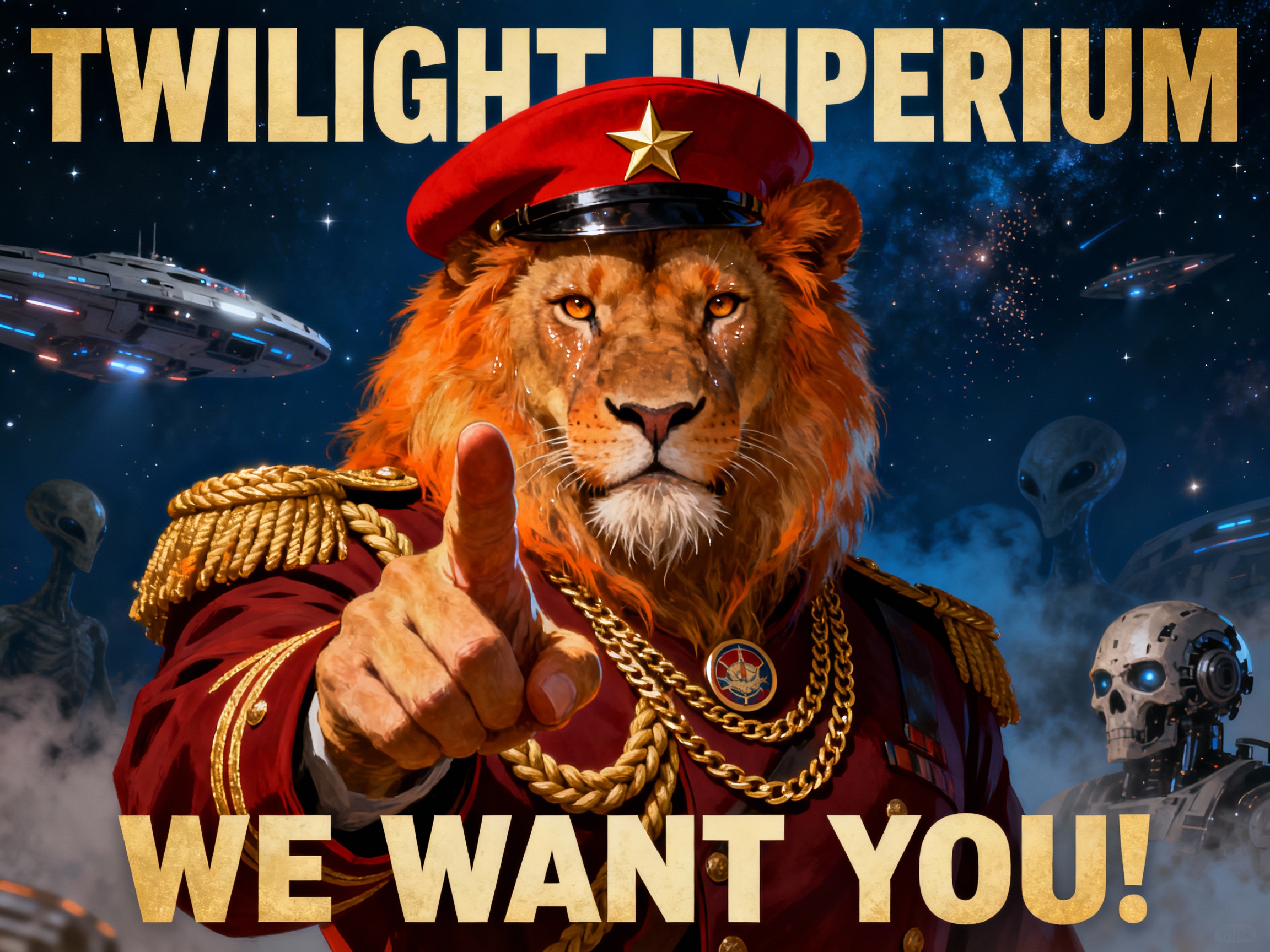 高度细致的宣传海报风格数位绘画，主体为正面半身拟人狮子指向观众的招募海报构图，狮子面部毛发质感丰富，金橙色皮毛在强烈的暖光下层次分明，锐利的眼神直视观众，湿润有光泽的瞳孔与精细的胡须，戴着鲜红贝雷帽帽檐饰有金色五角星，身穿深红色军礼服，金色绣边与粗绳肩章细节清晰可见，胸前佩戴圆形徽章和多层金链，右手前伸食指占据画面前景、焦点突出，手部皮肤质感写实，指节与阴影细腻；背景为深蓝星空场景，隐约可见几艘未来感飞船与外星人轮廓、机械人头颅作背景叙事元素，加入微弱体积光与星尘体积雾，营造宏大科幻氛围；画面顶部与底部融入醒目大字体标题元素（“TWILIGHT IMPERIUM”与“WE WANT YOU!”风格化海报字样），整体色调以金橙与深蓝互补对比为主，光效采用高对比戏剧性打光与边缘反光，镜头略微低角度、中心构图、浅景深、50mm肖像感，画质超清超细节、锐利纹理、精致阴影与高动态范围，复古招募海报和现代科幻美术结合，GenImg AI 风格、数字油画质感、适合制作高分辨率宣传海报。
