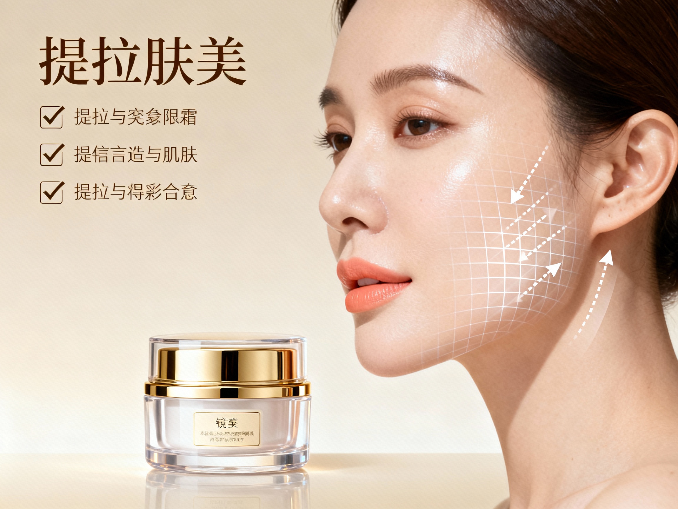 GenImg AI风格，高端护肤广告海报，画面为右侧三分之二特写的女性侧脸三分之四视角，年轻成熟女性皮肤白皙细腻、妆感自然，嘴唇淡珊瑚色，眉眼清晰，头发向后梳理露出耳廓，脸部覆盖半透明白色网格和虚线箭头示意提拉与填充效果；左下前景是一个带金色金属镜面旋盖的透明护肤霜罐（标贴简洁、中文品牌感），罐体反光真实、材质感强；左上角有大号中文标题和三行带勾选图标的文案布局作为设计元素。画面光效为高调柔光工作室摄影，主光为大软箱柔和填充，背光/边缘光微微勾勒面部轮廓，皮肤有自然光泽与微弱镜面高光，细节保留毛孔与肤质但整体经美肤后期修饰（频率分离风格），色调温暖米色渐变背景，构图干净、留白充足，情绪高级、可信、温和疗愈，画质超高分辨率、超写实、商业广告级锐度与细节，85mm人像镜头感、浅景深、精致色彩分级，整体风格现代简约、医学美容与奢华护肤结合。