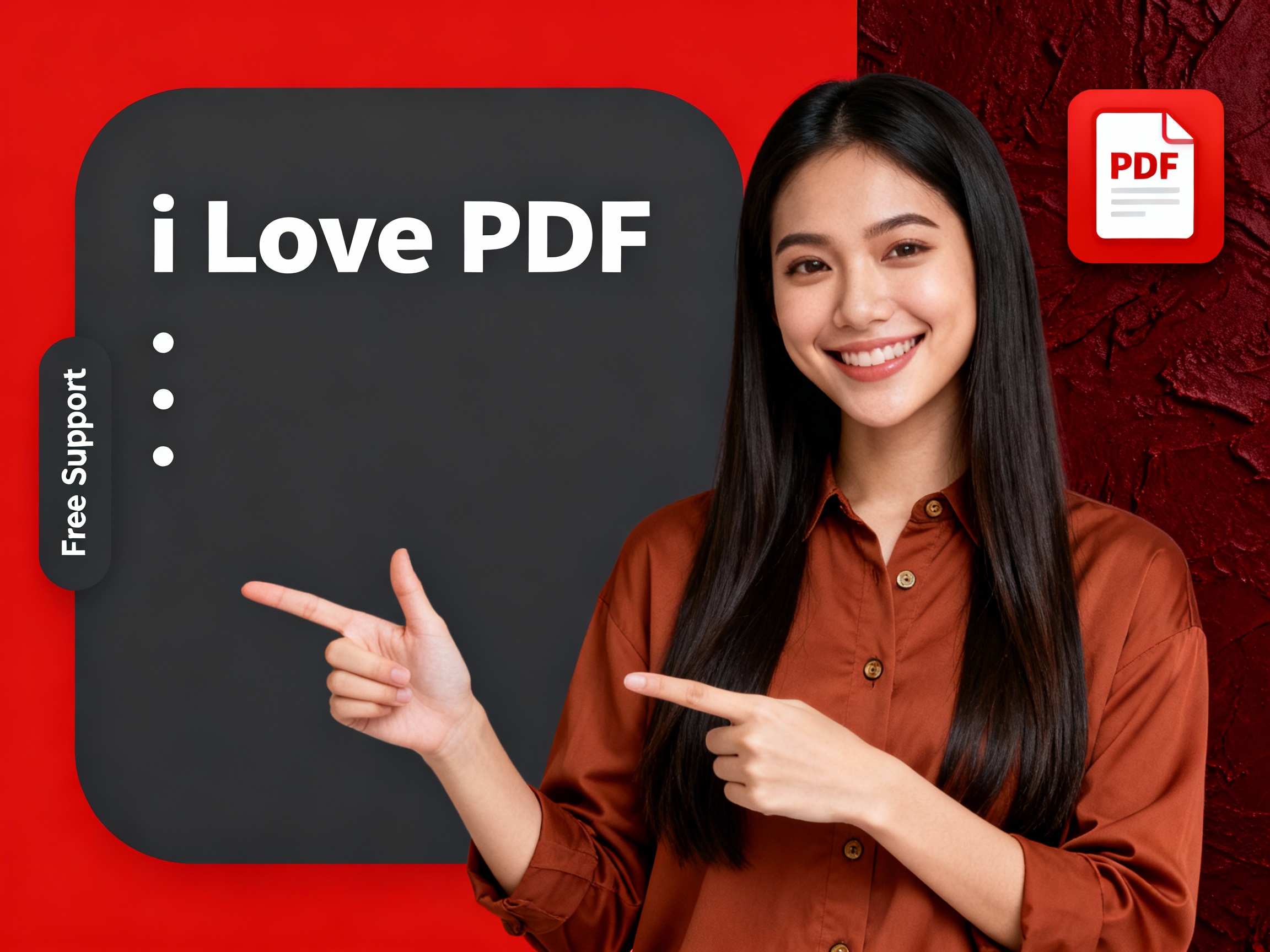 商业网站横幅广告，GenImg AI 风格，高解析度宽横幅构图；画面右侧为半身年轻女性模特，不可识别身份特征，长直黑发，温暖自信的微笑，穿咖啡色/土色纽扣衬衫，双手自然指向画面左侧，姿态友好亲切；人物肤质细腻真实，发丝有自然光泽，衣料为哑光棉质质感；左侧为深石板灰圆角信息面板，留出大量负空间用于文案，面板内使用干净白色粗体标题（示例文案“i Love PDF”可替换），下方以简洁圆点列出功能要点，左侧垂直小字标注“Free Support”，版式简洁现代；右侧偏上位置放置红白扁平风格PDF文档图标，与深红纹理背景形成强烈对比；背景采用鲜艳红