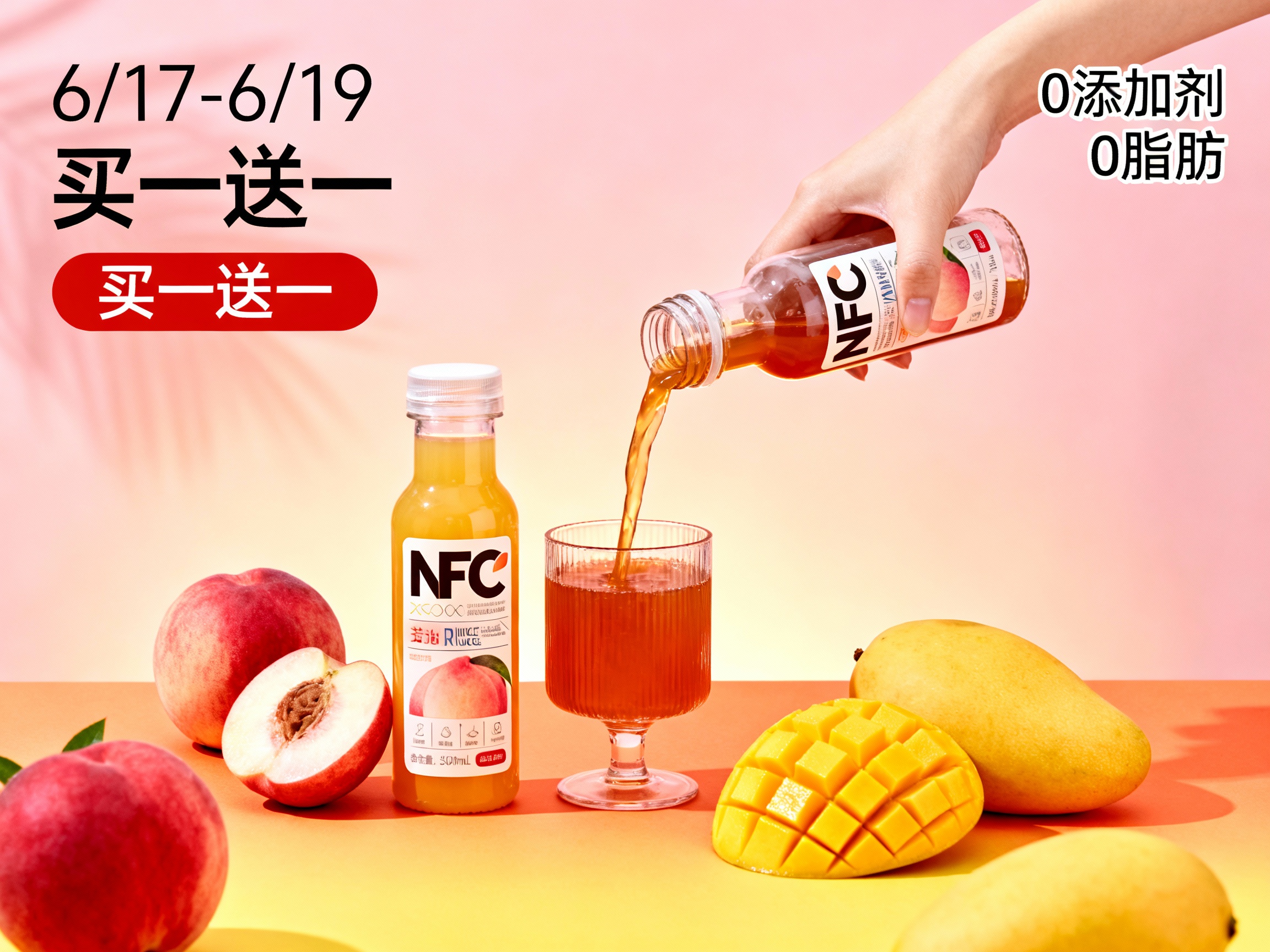 一张充满活力的饮料产品促销海报，背景采用柔和的粉色和橙黄色渐变，营造温暖清爽的氛围。画面中央展示NFC果汁饮料产品，包括透明玻璃瓶装的桃子汁和芒果汁，瓶身设计简洁现代，标签清晰可见。上方有一只纤细的女性手臂倾倒果汁到玻璃杯中，果汁呈现琥珀色液体，动作优雅流畅。周围散落新鲜的红桃、黄芒果等水果，其中芒果被切成网格状展示果肉质感。画面左上角标注促销日期"6/17-6/19"和"买一送一"的优惠文案，右上角有"0添加剂 0脂肪"的产品卖点标签。整体采用现代简约的平面设计风格，色彩鲜艳饱和，光影柔和，具有强烈的商业广告感和视觉冲击力，适合社交媒体和电商平台展示。
