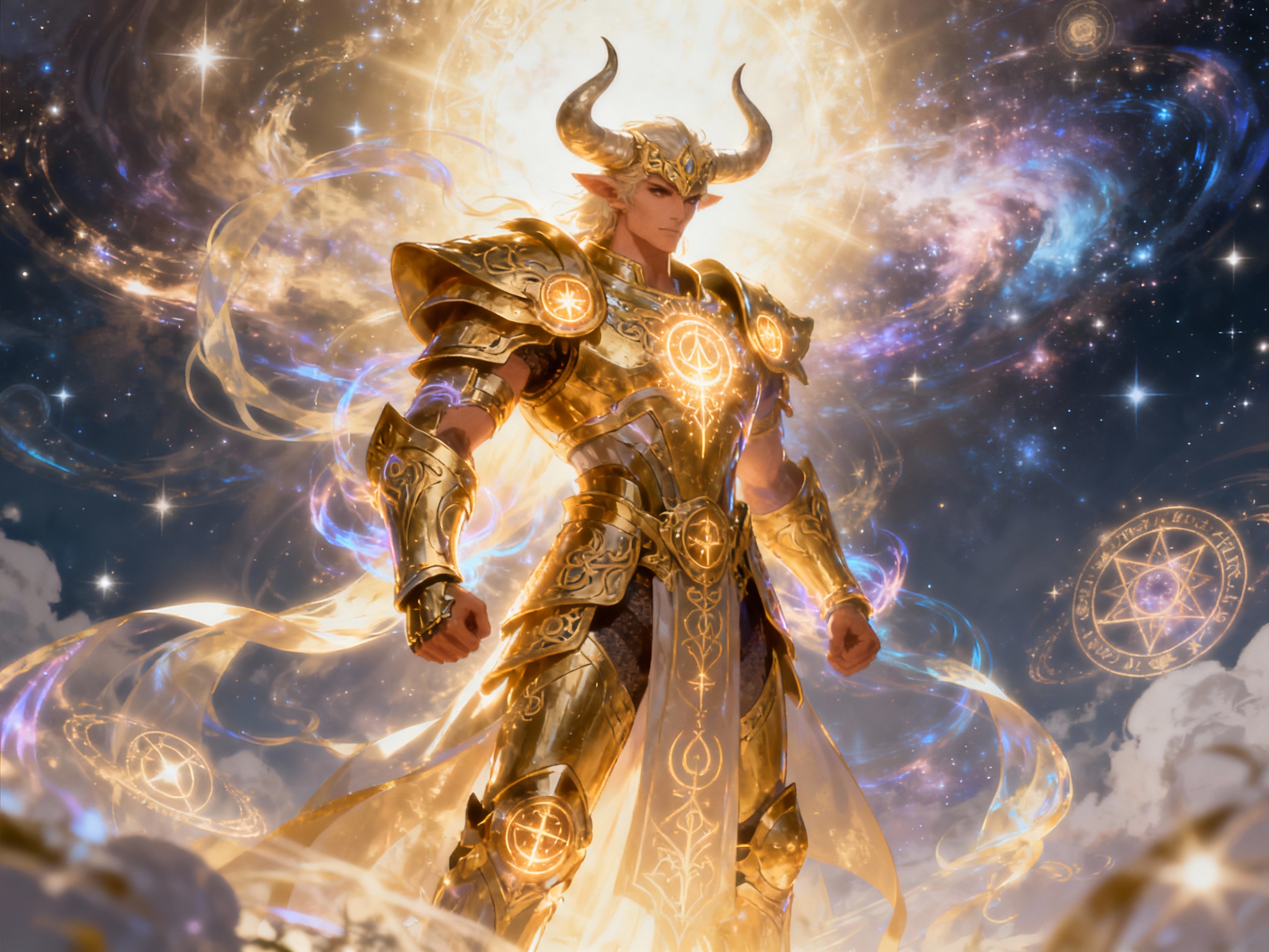 A majestic Taurus Saint in elaborate golden armor, standing confidently amidst a celestial backdrop, glowing with an ethereal light. The scene is infused with Flux style, emphasizing dynamic energy and intricate detail, capturing the essence of strength and mythic grandeur.