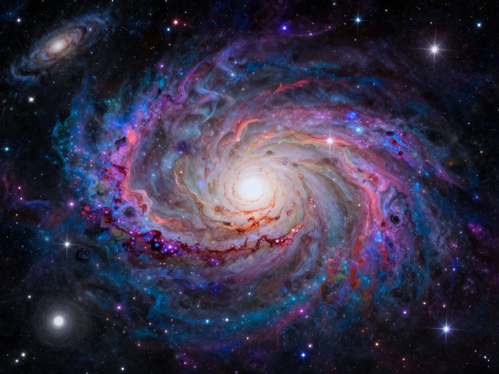 A vibrant night sky filled with swirling galaxies and shimmering stars, painted in a Flux style with vivid colors and dynamic brushstrokes, a sense of wonder and cosmic beauty, ethereal glow and intricate details, capturing the infinite expanse of the universe.