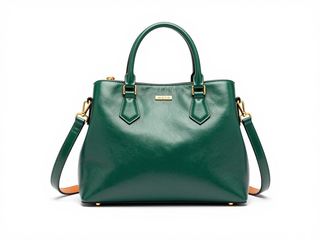 GenImg AI style hyper-realistic product photography of a luxury handbag, centered and symmetrically composed on a pristine white seamless background, low three-quarter front angle with slight low vantage to emphasize structure, high-key soft even studio lighting producing crisp specular highlights and gentle soft shadows under the bag; deep emerald green polished smooth leather with subtle sheen and fine topstitching, structured fan-shaped silhouette, small curved front flap with rectangular gold clasp, gold embossed "MIETIS" logo on the front panel, contrasting handle and detachable shoulder strap showing orange underside and green top with gold hardware, tiny gold protective feet, ultra-detailed leather texture and stitched seams, realistic reflections and soft microgloss, minimalist luxury mood, editorial fashion catalog aesthetic, negative space at bottom for headline, cinematic shallow depth of field, 85mm perspective, f/4, ultra high resolution, 8k, razor-sharp details, natural color grading, meticulous retouching, isolated product shot with no distractions.